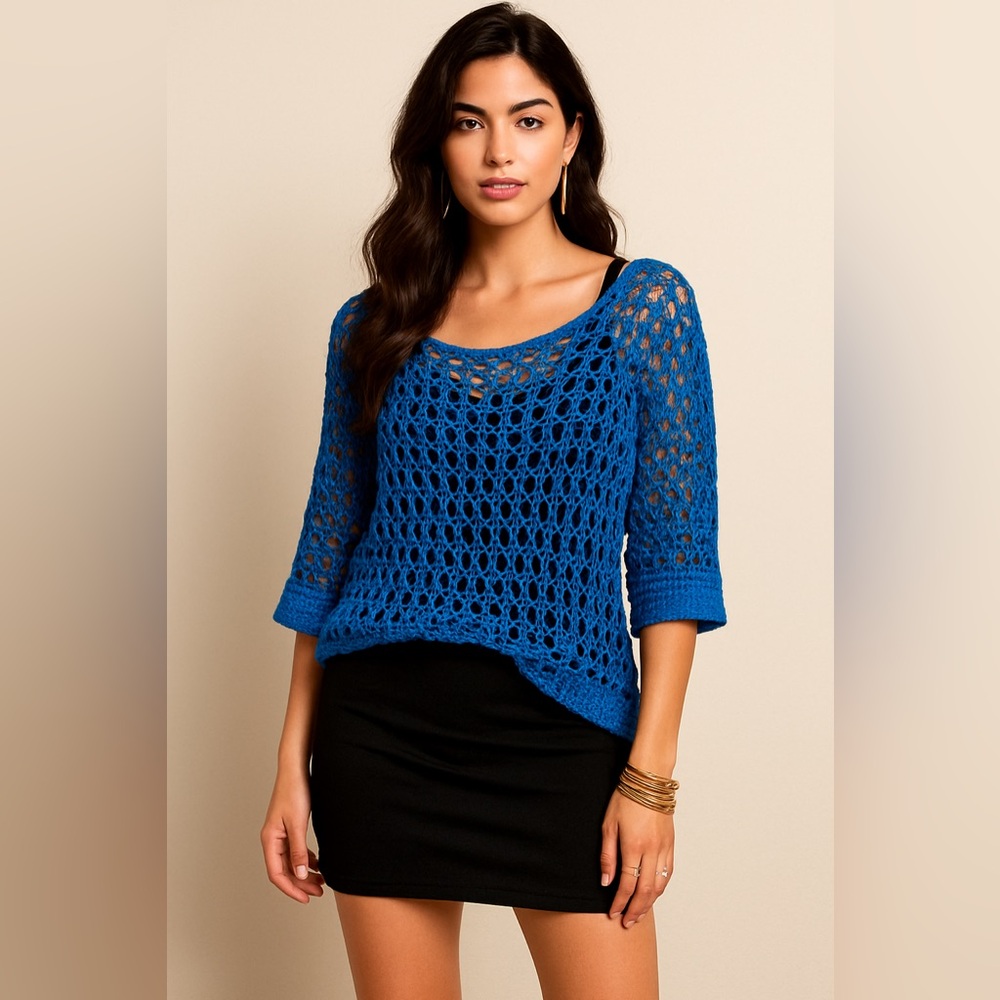 Vintage Blue Sweater Top 80's Caged Lurex Sm Med Oversized Worn In A TV Show